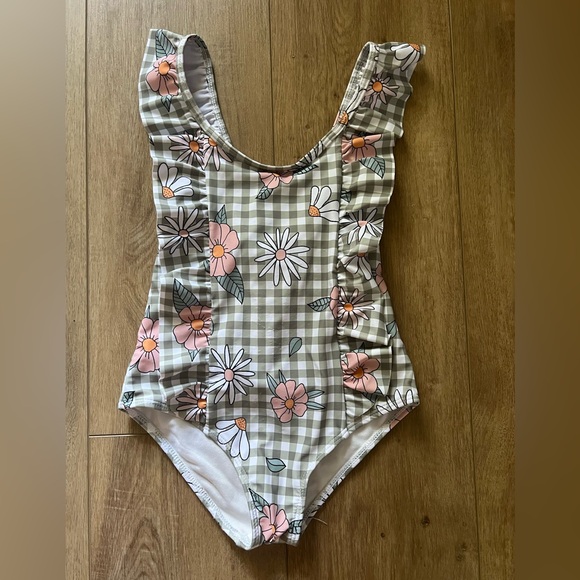 Ruffle Girl Floral Daisy Checkered One-Piece Swimsuit - Picture 1 of 7
